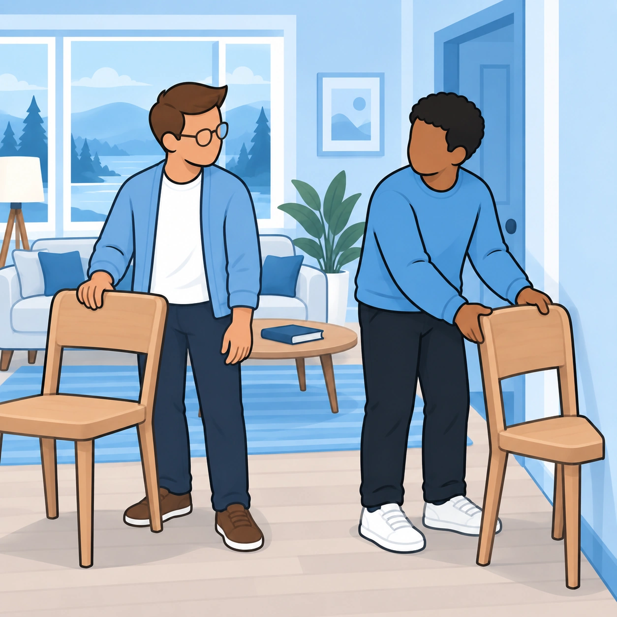 The man and his friend put chairs away after the gathering.