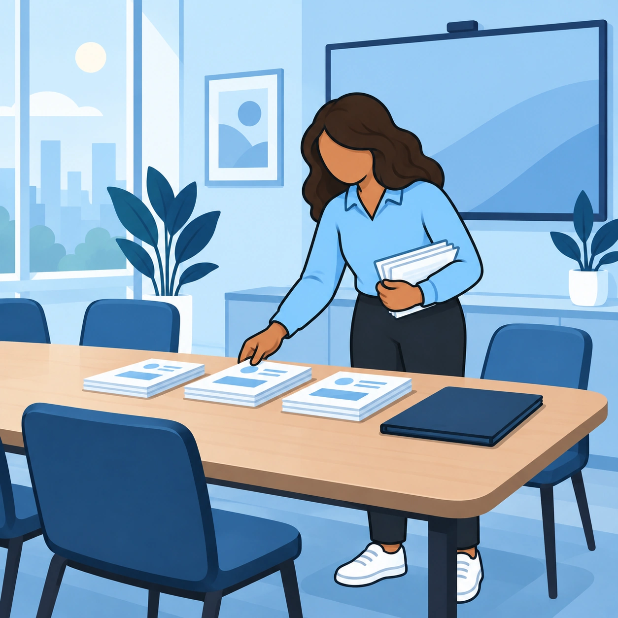 A woman prepares presentation materials alone in a meeting room.