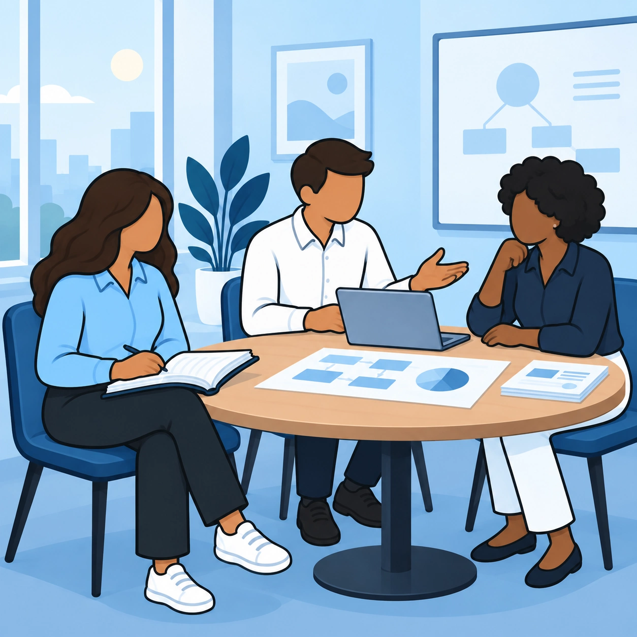 She sits with a notebook while coworkers discuss a project.