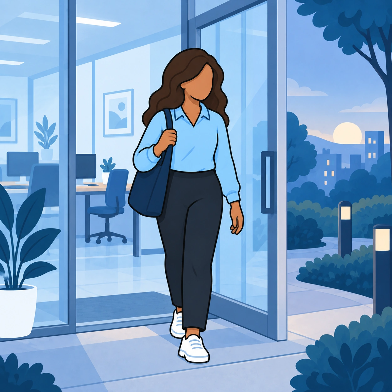 She leaves the office with her bag on her shoulder.