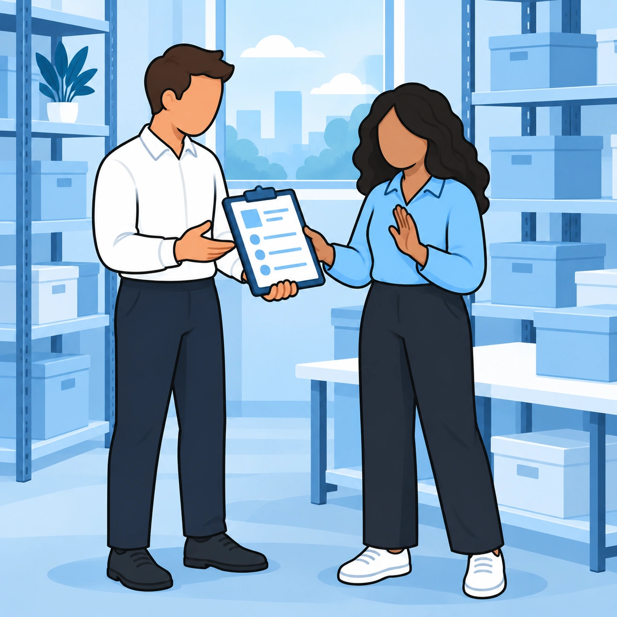 A woman considers a request from a coworker in a stockroom.