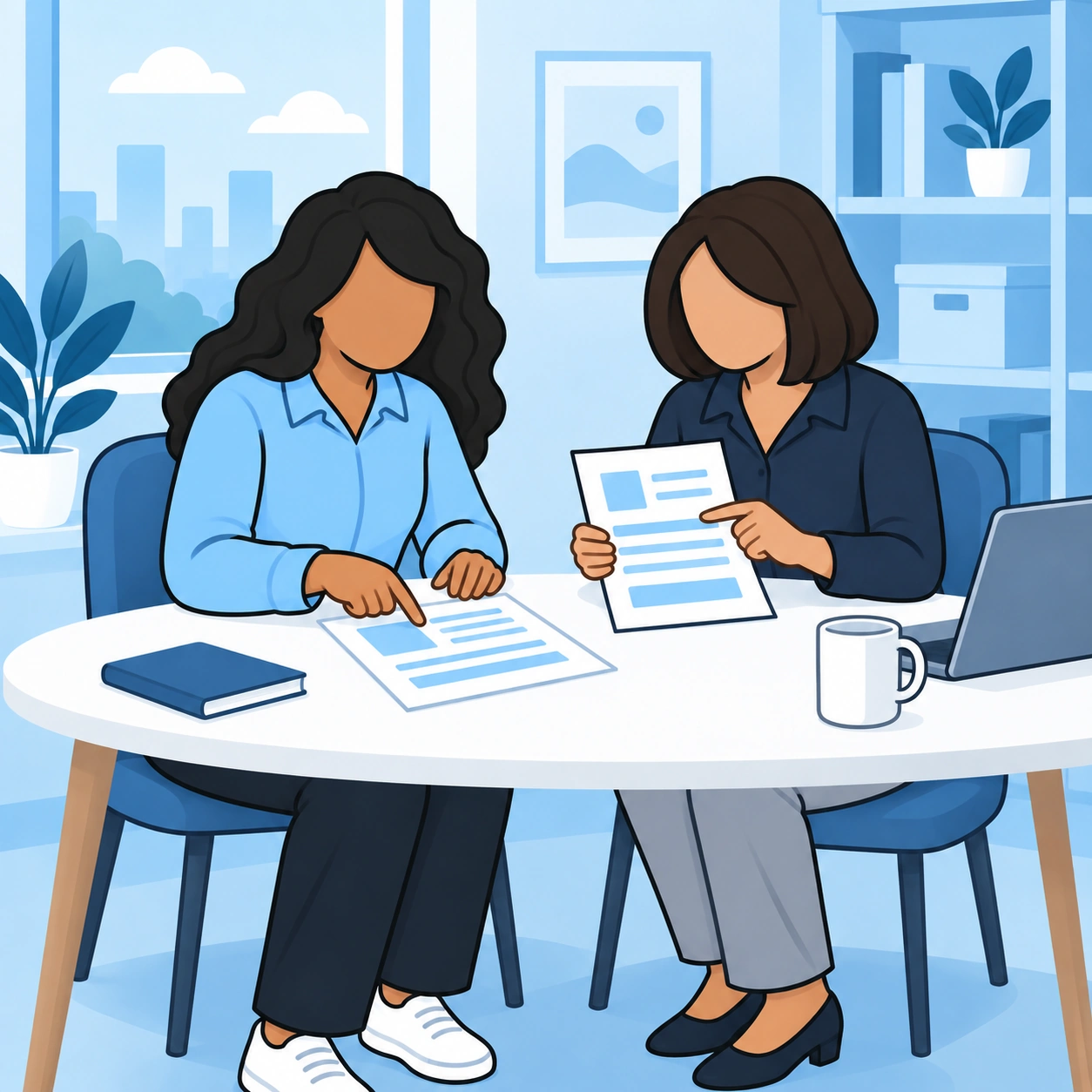 She discusses documents with a woman at a desk.