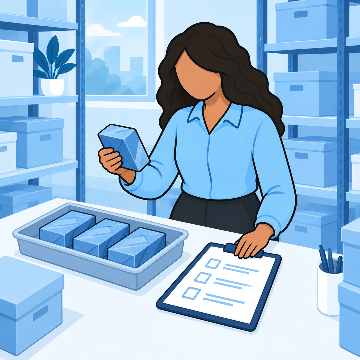 She inspects a tray of goods beside a checklist.