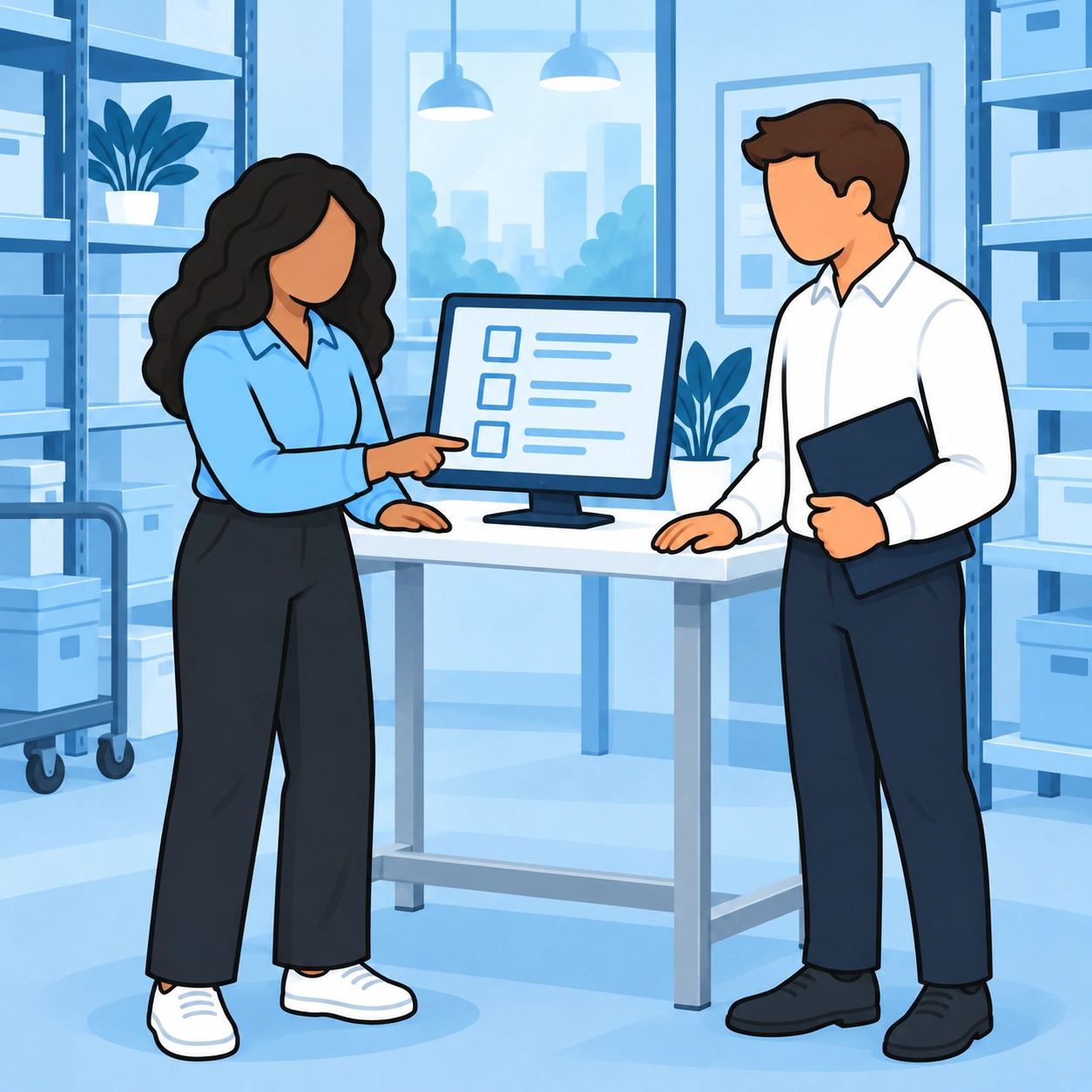 She explains a concern beside a screen showing a checklist.