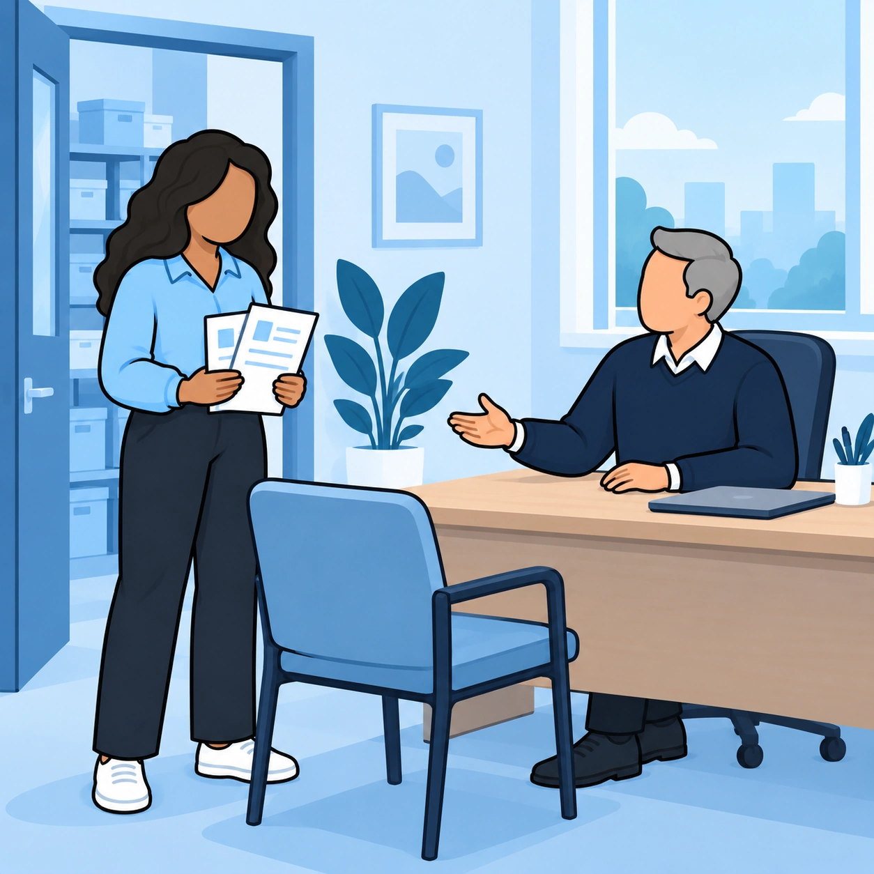 She brings documents to a seated manager.